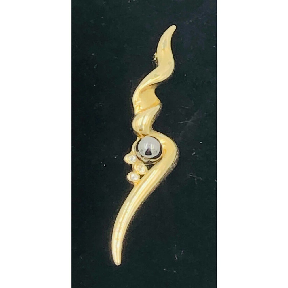 Brooch Pin Gold Tone Black Pearl Rhinestone Bar